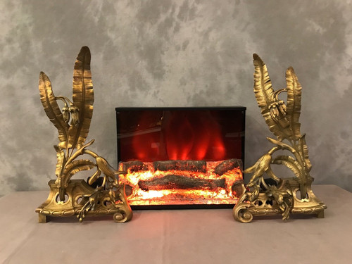 Paire de chenets en bronze décor façade d'époque 19 ème 