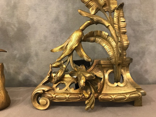 Paire de chenets en bronze décor façade d'époque 19 ème 