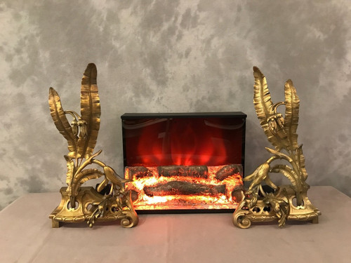 Paire de chenets en bronze décor façade d'époque 19 ème 