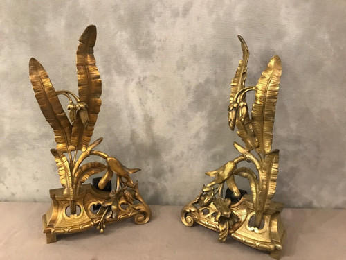 Paire de chenets en bronze décor façade d'époque 19 ème 