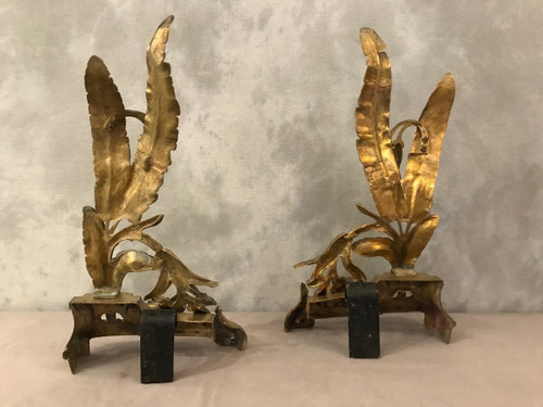 Paire de chenets en bronze décor façade d'époque 19 ème 