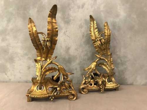 Paire de chenets en bronze décor façade d'époque 19 ème 
