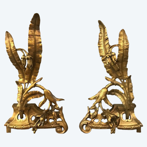 Paire de chenets en bronze décor façade d'époque 19 ème 