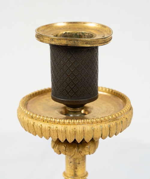 Pair De Bougeoirs Anciens Français Napoléon III En Bronze Doré. 19th Century.