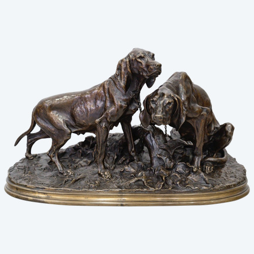 Groupe En Bronze "Chiens Saintongeois Au Repos" , Pierre - Jules Mêne (1810-1879)