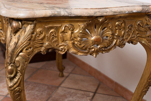 Table Ancienne Française Napoléon III En Bois Doré Et Sculpté. XIXe Siècle.
