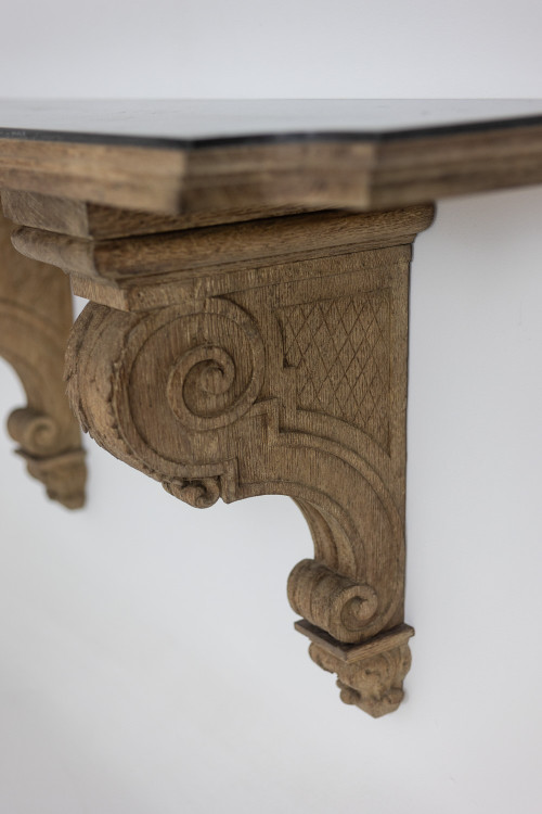 Jean-Charles Moreux. Carved oak and marble console table. Circa 1940