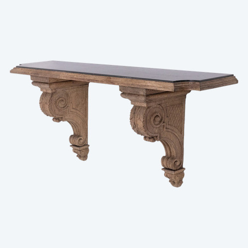 Jean-Charles Moreux. Carved oak and marble console table. Circa 1940