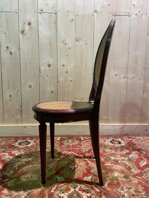 Set of 6 Louis XVI style medallion chairs in mahogany and cane