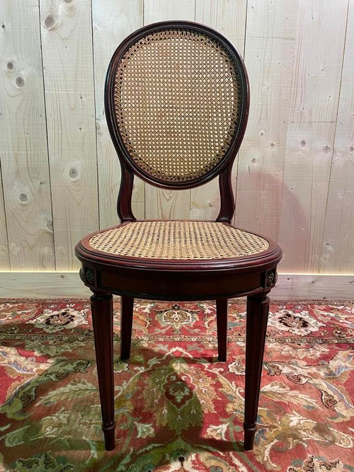 Set of 6 Louis XVI style medallion chairs in mahogany and cane