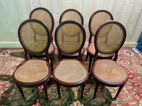 Set of 6 Louis XVI style medallion chairs in mahogany and cane