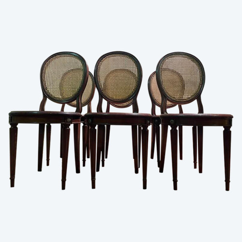 Set of 6 Louis XVI style medallion chairs in mahogany and cane