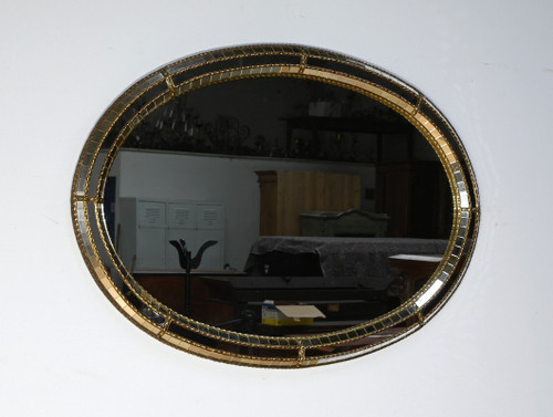 Specchio ovale in ottone smaltato, stile Hollywood Regency - 1970