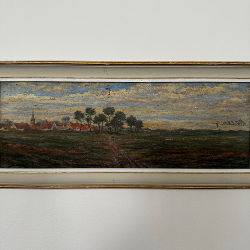 20th century oil on cardboard by R. Holvoet landscape with a village in the distance