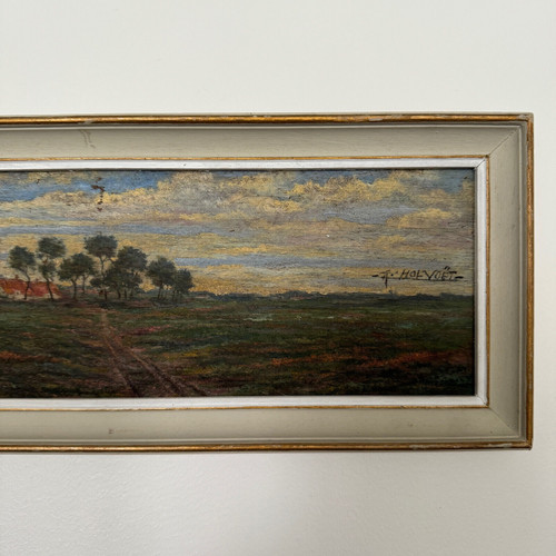 20th century oil on cardboard by R. Holvoet landscape with a village in the distance