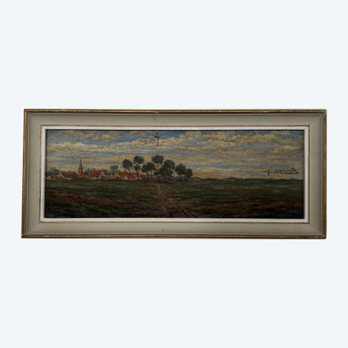 20th century oil on cardboard by R. Holvoet landscape with a village in the distance