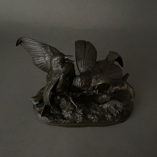 Bronze aus dem 19. Jahrhundert, die ein Vogelpaar darstellt, von Chanhomme 1850