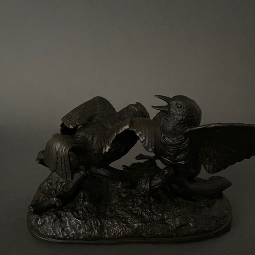 Bronze aus dem 19. Jahrhundert, die ein Vogelpaar darstellt, von Chanhomme 1850