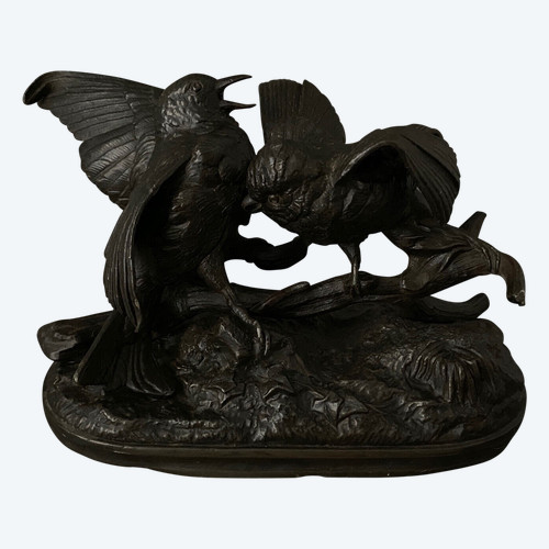 Bronze aus dem 19. Jahrhundert, die ein Vogelpaar darstellt, von Chanhomme 1850