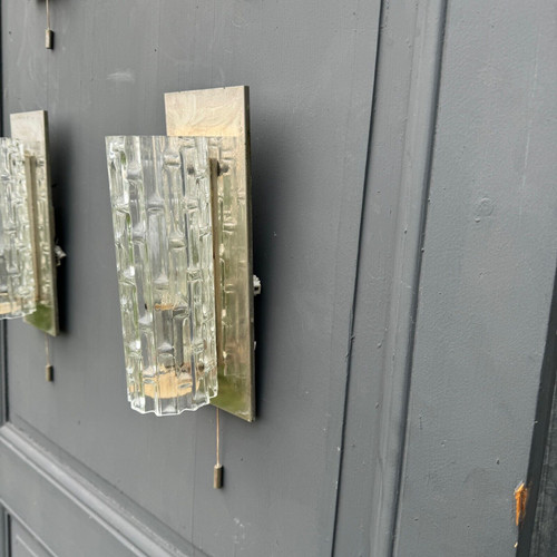 Suite of 4 1970s sconces in frosted glass and chrome-plated metal 20th century