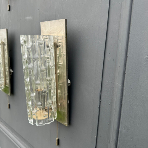 Suite of 4 1970s sconces in frosted glass and chrome-plated metal 20th century