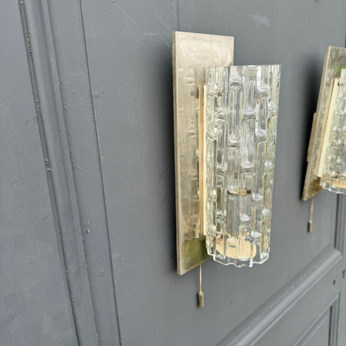 Suite of 4 1970s sconces in frosted glass and chrome-plated metal 20th century