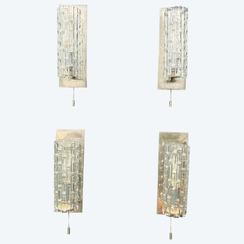 Suite of 4 1970s sconces in frosted glass and chrome-plated metal 20th century