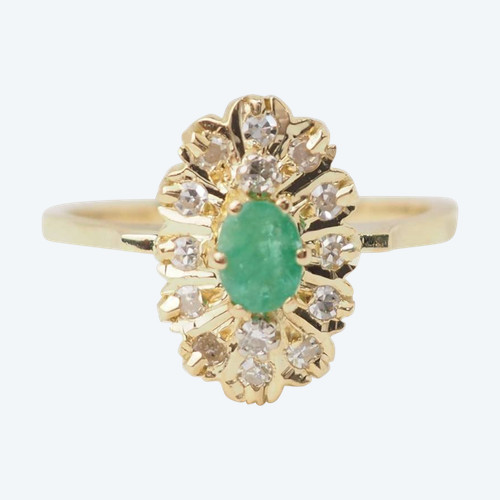 Bague marquise en or jaune, émeraude et diamants