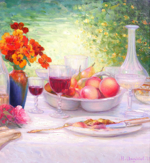 Henri ANGENIOL 1870-1959 Der Tisch im Garten, Stillleben, Gemälde, 1923, Blumen, Wein