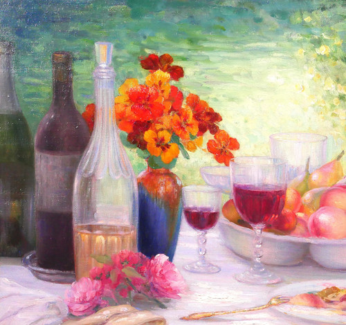 Henri ANGENIOL 1870-1959 Der Tisch im Garten, Stillleben, Gemälde, 1923, Blumen, Wein