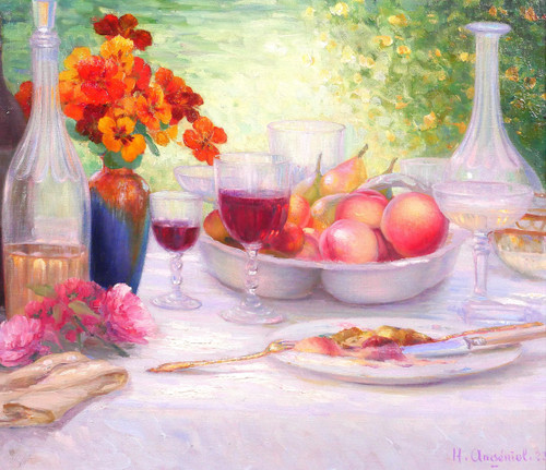 Henri ANGENIOL 1870-1959 Der Tisch im Garten, Stillleben, Gemälde, 1923, Blumen, Wein