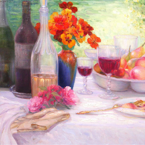 Henri ANGENIOL 1870-1959 Der Tisch im Garten, Stillleben, Gemälde, 1923, Blumen, Wein