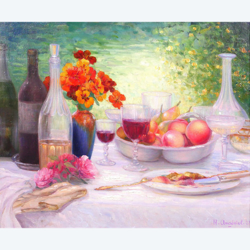 Henri ANGENIOL 1870-1959 Der Tisch im Garten, Stillleben, Gemälde, 1923, Blumen, Wein