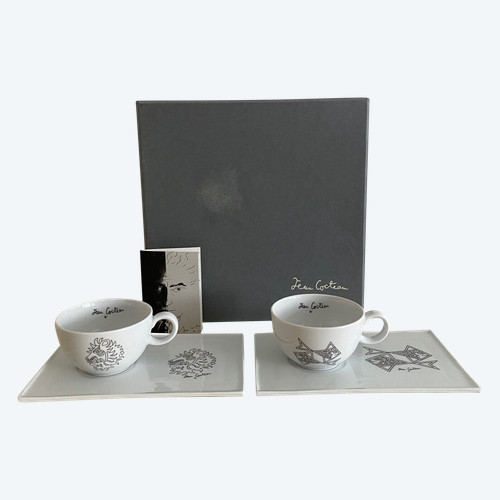 Paire de tasses avec sous-tasses Jean Cocteau XXe en porcelaine d'art