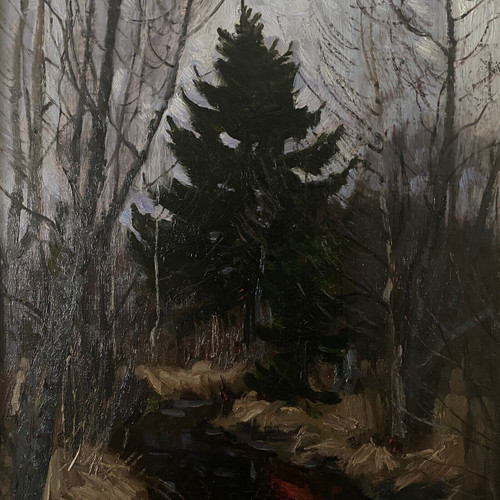 Huile sur carton par Stanislaw Zukowski ruisseau dans un sous-bois