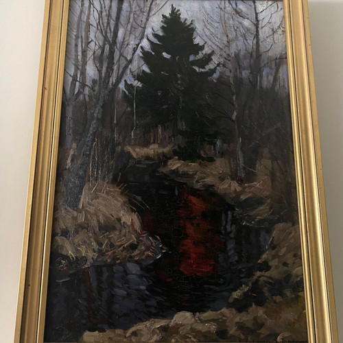 Huile sur carton par Stanislaw Zukowski ruisseau dans un sous-bois