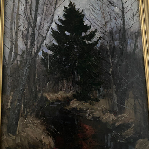 Huile sur carton par Stanislaw Zukowski ruisseau dans un sous-bois