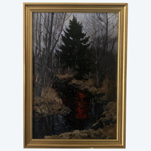 Huile sur carton par Stanislaw Zukowski ruisseau dans un sous-bois