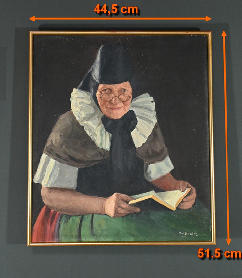 Huile sur Toile « Polonaise à sa lecture » de A. MARKOWICZ – Début XXe