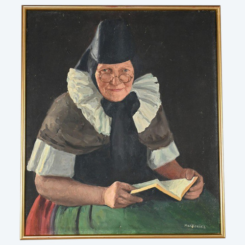 Huile sur Toile « Polonaise à sa lecture » de A. MARKOWICZ – Début XXe