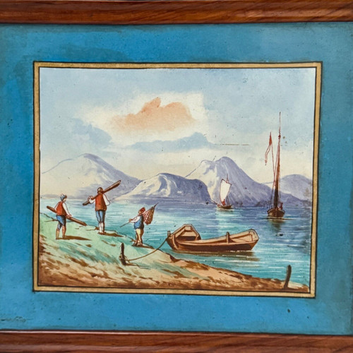 Scena di barche dipinta su porcellana fine XIX secolo recto-verso