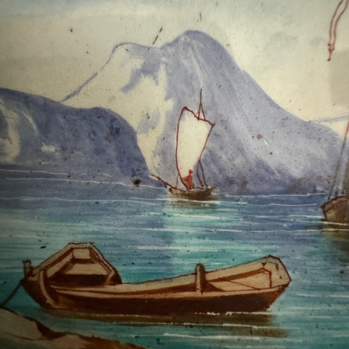 Scena di barche dipinta su porcellana fine XIX secolo recto-verso