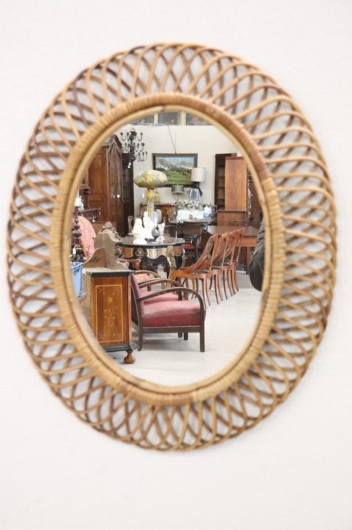 Oval Wall Mirror in Bamboo, 1960s