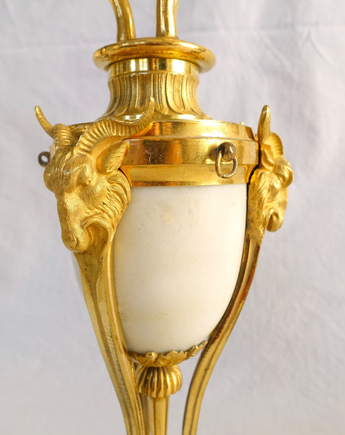 Pair of gilt bronze and marble cassolette candelabras with inverted candlesticks, Louis XVI style