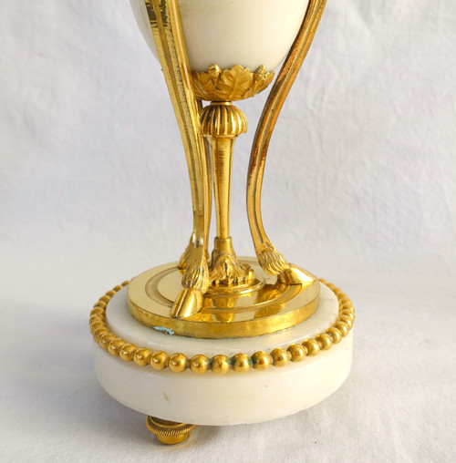 Pair of gilt bronze and marble cassolette candelabras with inverted candlesticks, Louis XVI style