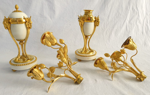 Pair of gilt bronze and marble cassolette candelabras with inverted candlesticks, Louis XVI style