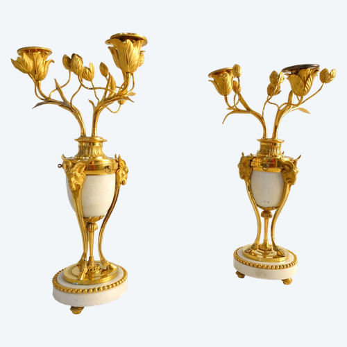 Pair of gilt bronze and marble cassolette candelabras with inverted candlesticks, Louis XVI style