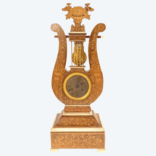 Charles X Lyre Clock Rosewood Marquetry Bronze Napoleon III 19th century