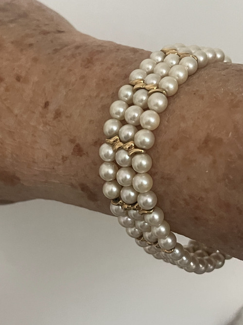 Bracelet 3 Rangs Perles Barrettes Or Jaune 8,00 g