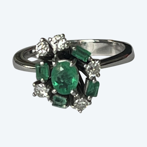 Bague Or Gris Emeraude Diamants